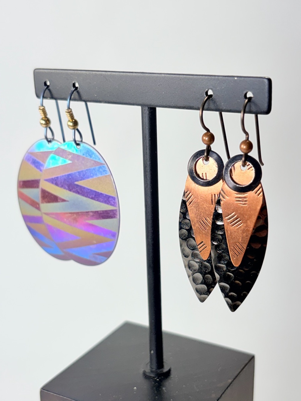 2 Handcrafted Artisan Mixed Metal Copper & Iridescent Dangle Pattern Earrings